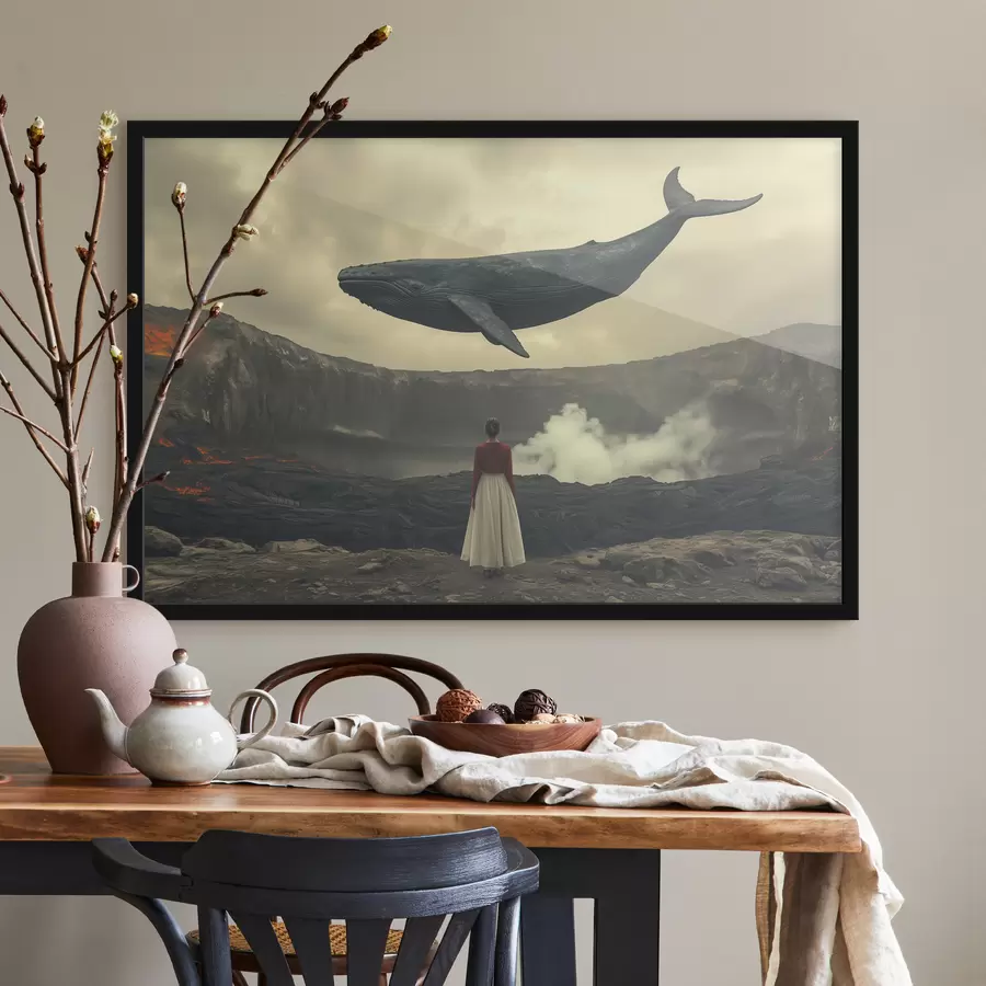 Fotobehang Meisje op lava met een grote vliegende walvis in de lucht f40986