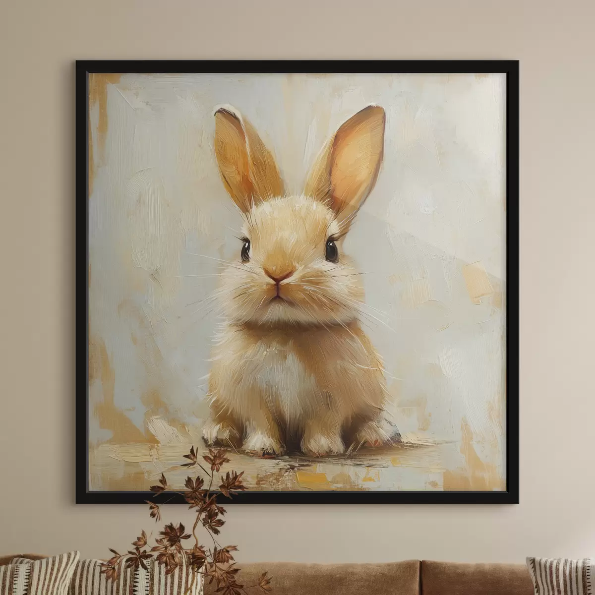 Affiche Lapin beige sur fond clair avec des coups de pinceau audacieux f41000
