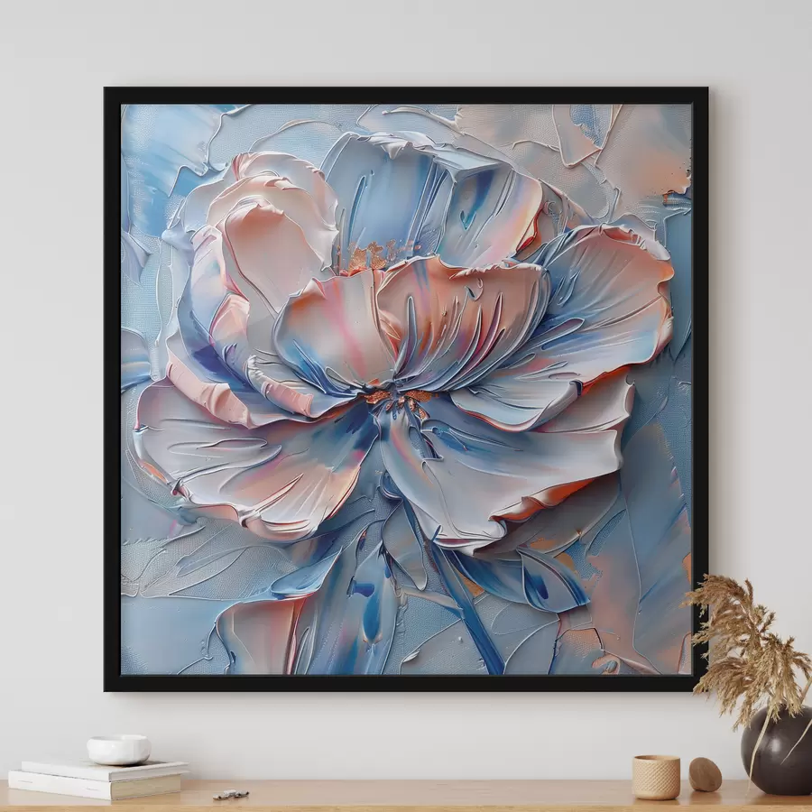 Fotobehang Grote bloem met vette penseelstreken in blauw en perzikkleuren f41004