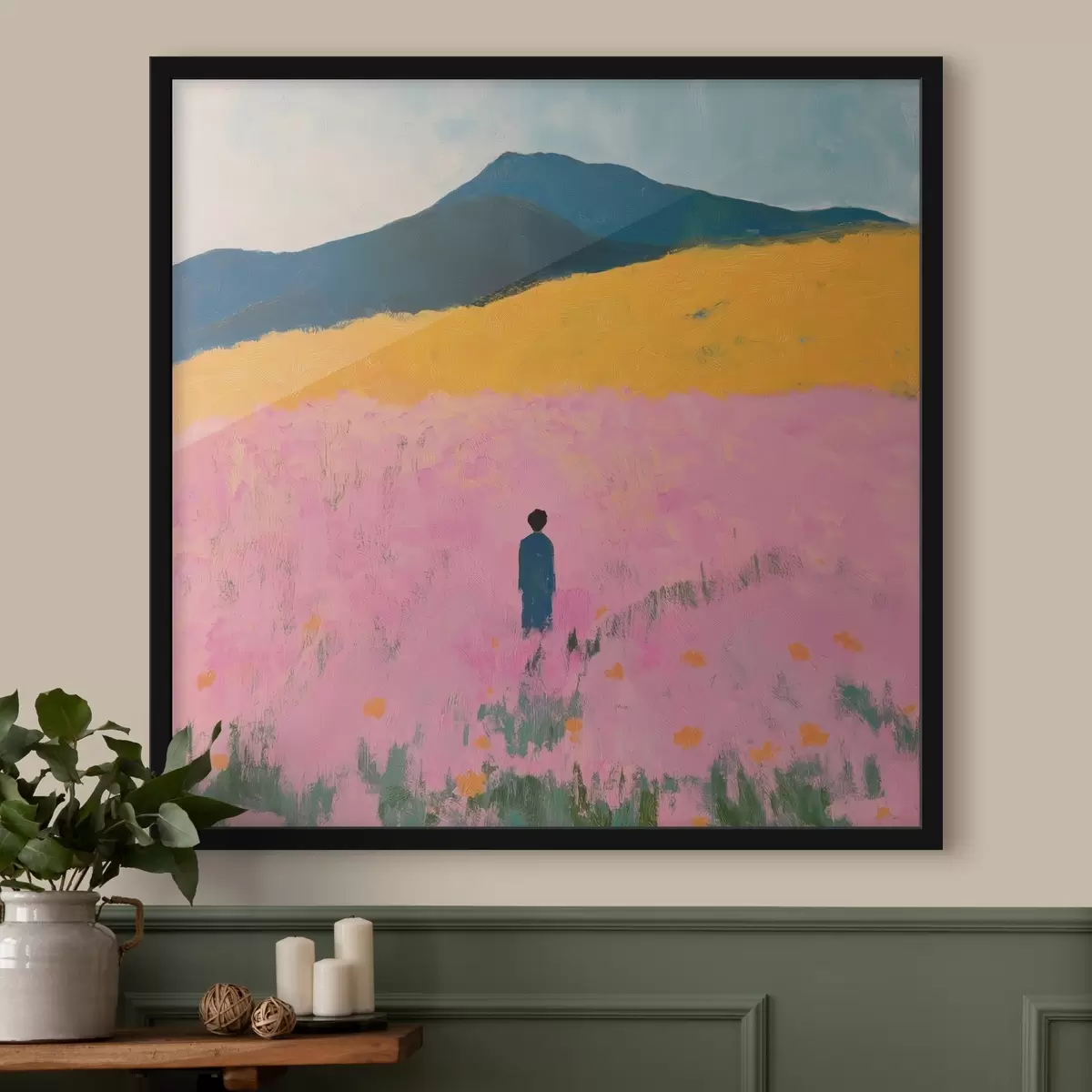 Poster Een man in een veld met roze bloemen f41164