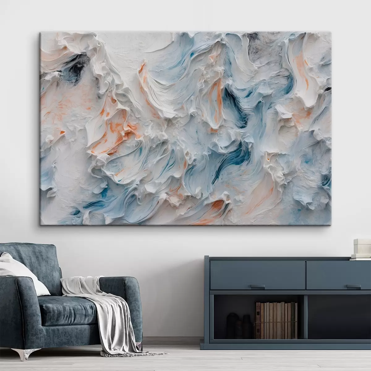  Schilderijen Abstractie met witte, oranje en blauwe kleuren s41026