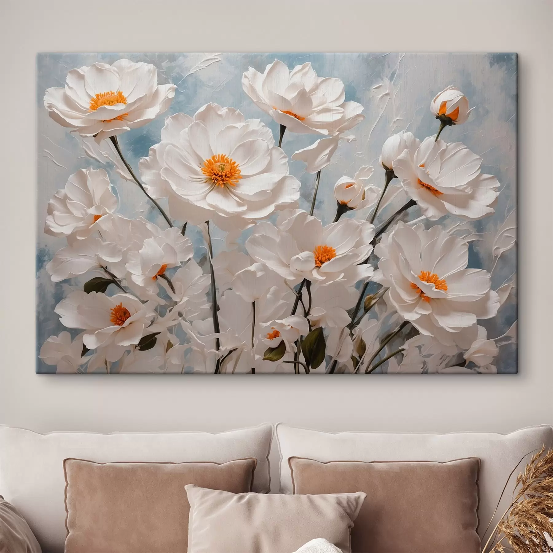 Fotobehang Witte bloemen op blauw-witte olieverf achtergrond s41041