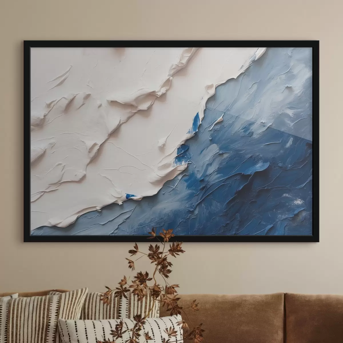 Poster Abstractie met witte en blauwe olieverf f41025