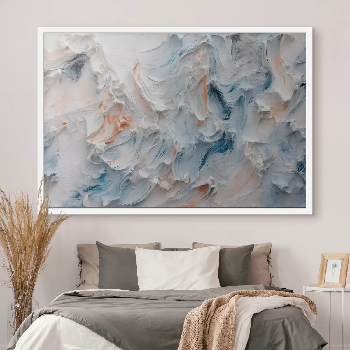 Affiche Abstraction avec des couleurs blanches, orange et bleues f41026