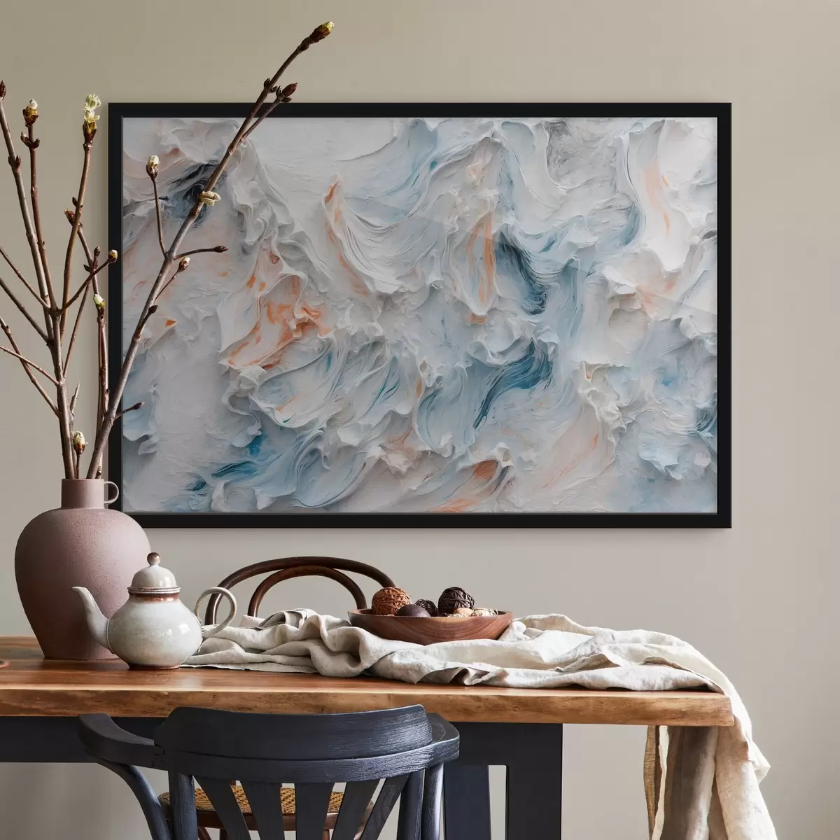 Poster Abstractie met witte, oranje en blauwe kleuren f41026