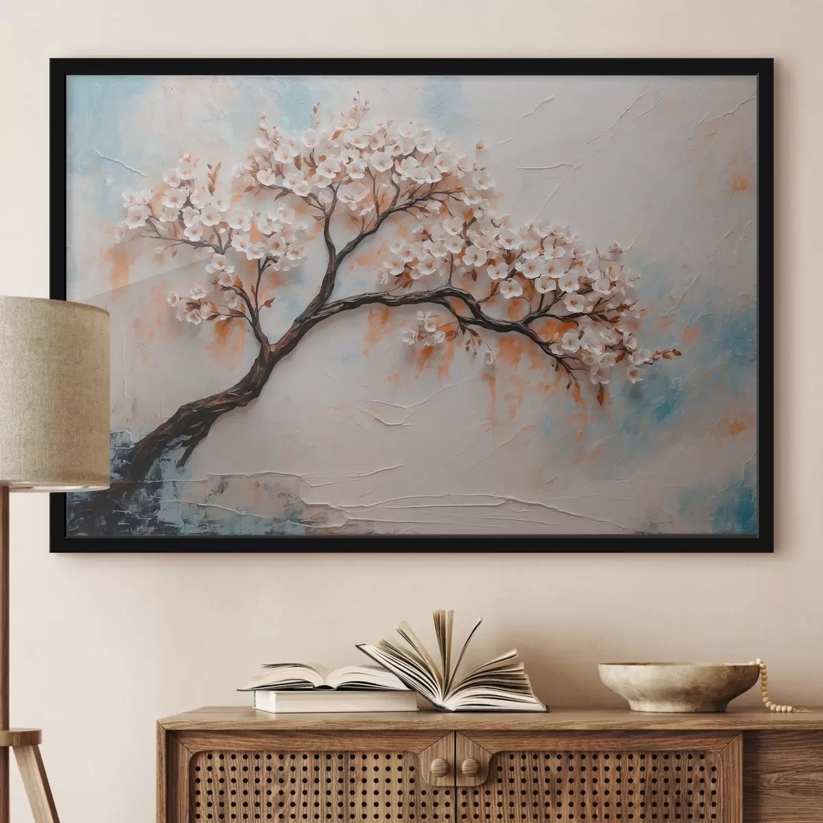 Poster Bloeiende boom op abstracte olieverfachtergrond f41032