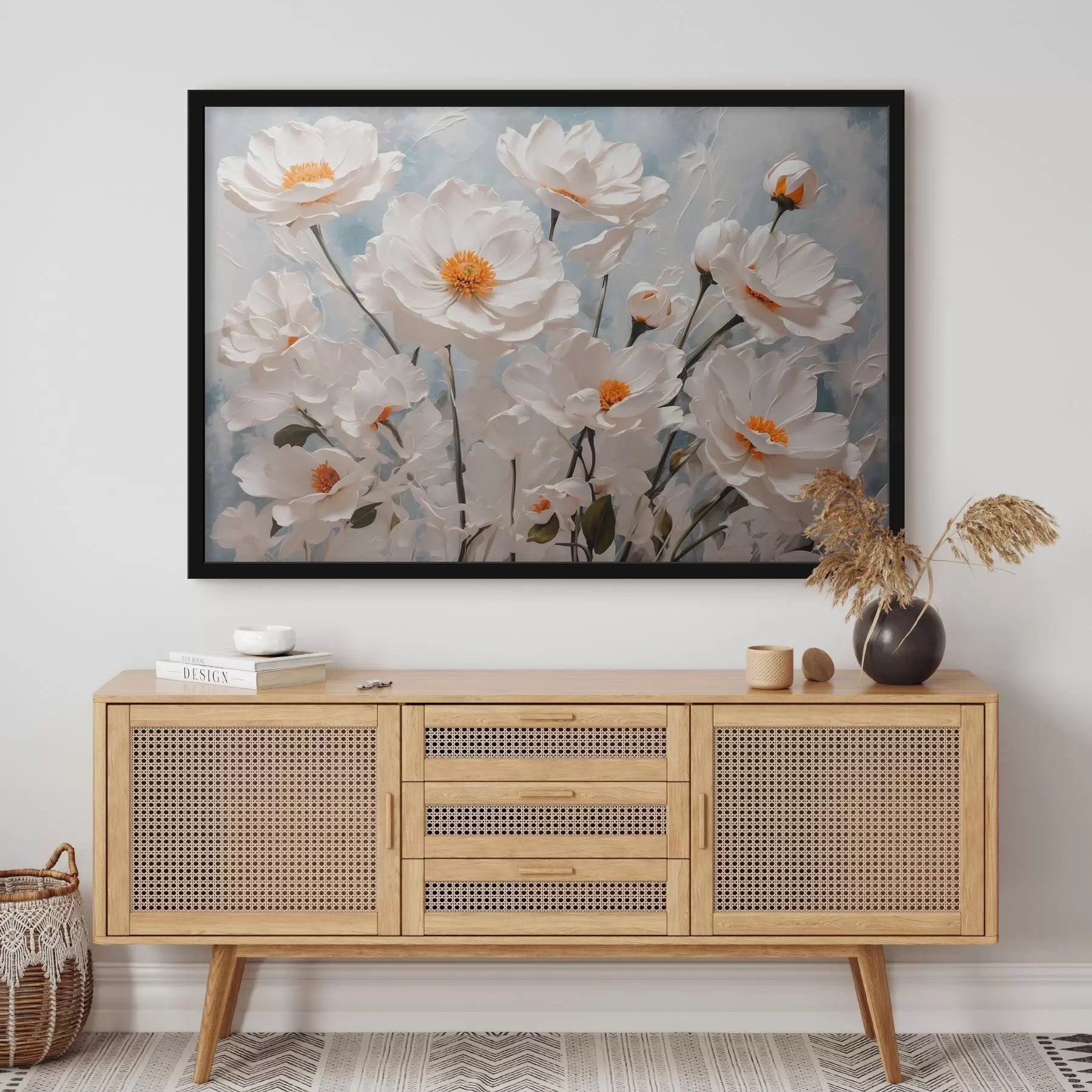 Fotobehang Witte bloemen op blauw-witte olieverf achtergrond f41041