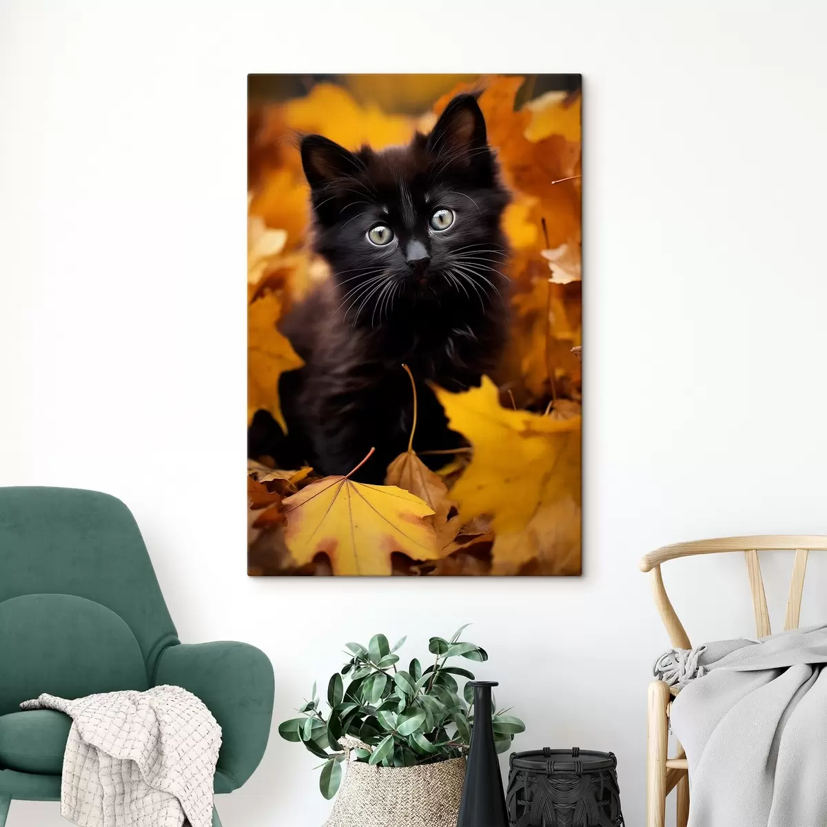  Peintures Mignon chat noir dans la forêt d'automne s41119