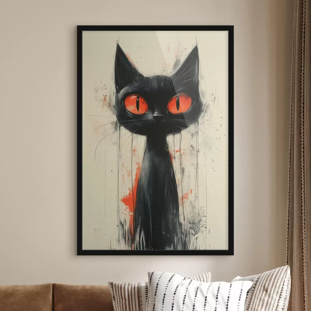 Affiche Chat noir dessiné à la main sur fond de taches d'aquarelle f41121