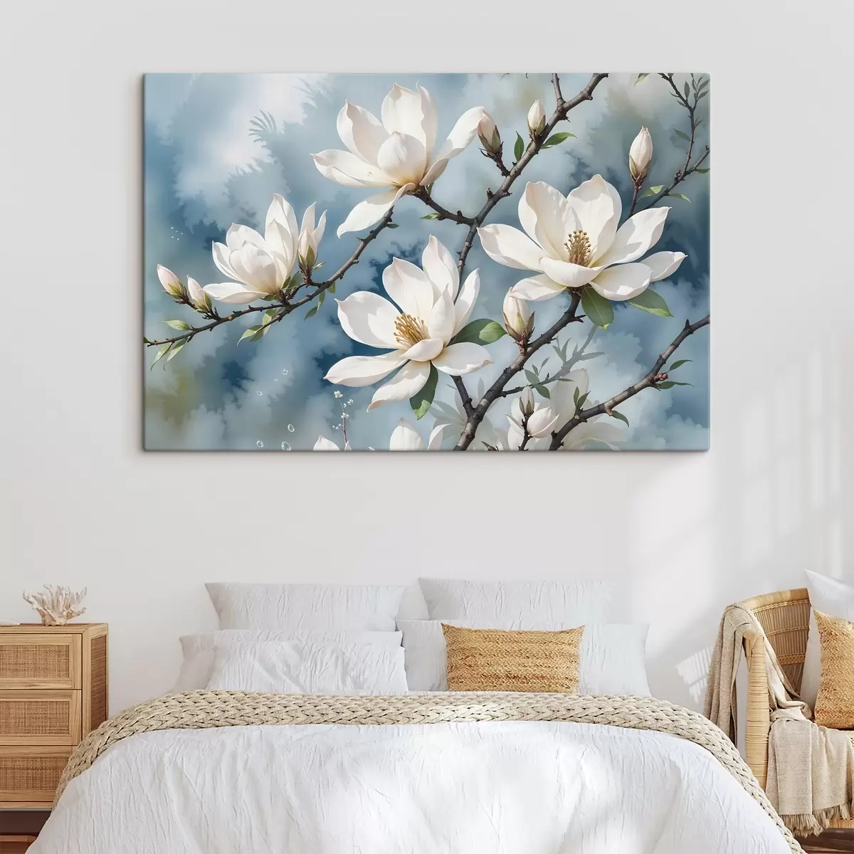  Schilderijen Witte magnolia bloemen bloeiend op boomtakken tegen een zachte aquarel blauwe lucht achtergrond s41081