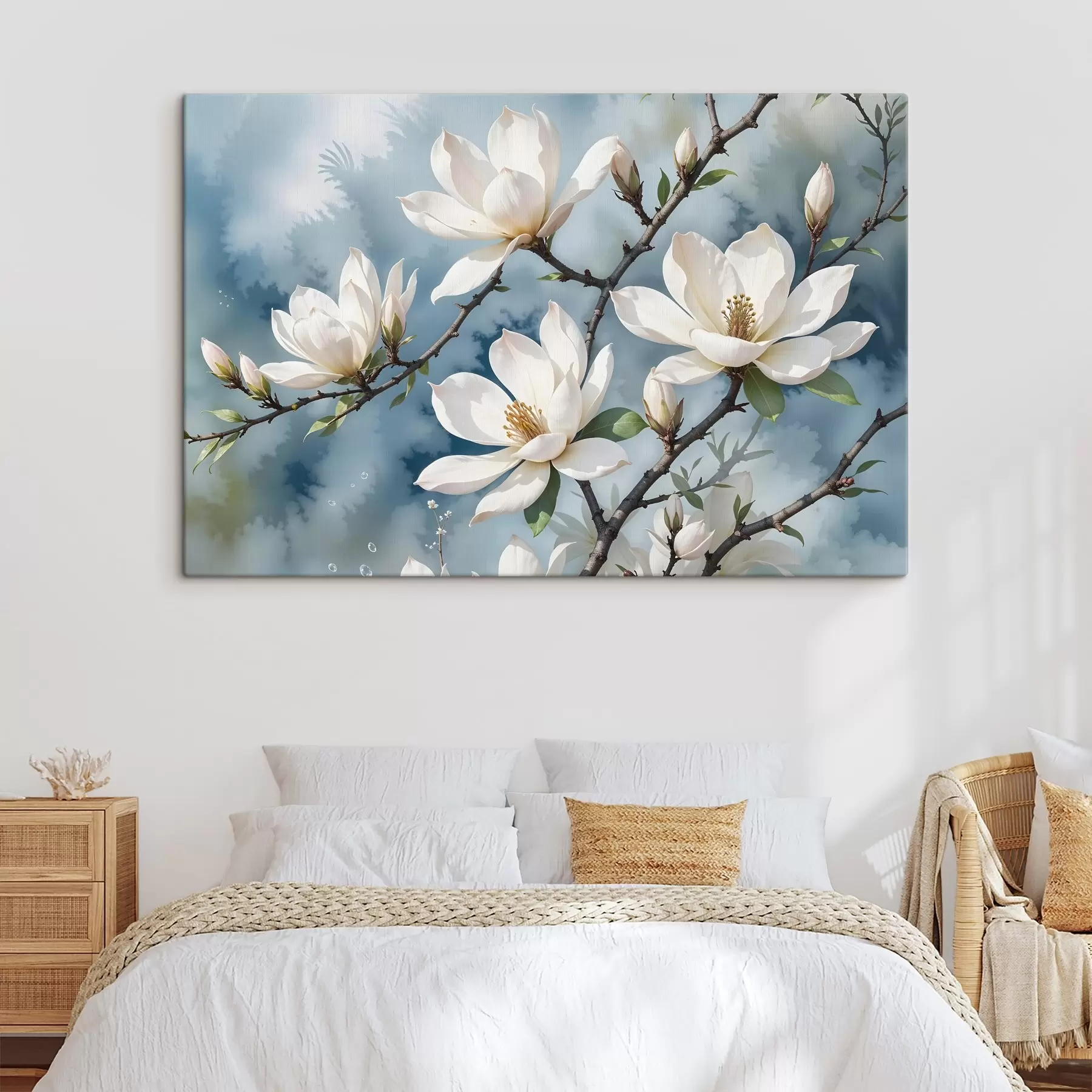 Fotobehang Witte magnolia bloemen bloeiend op boomtakken tegen een zachte aquarel blauwe lucht achtergrond s41081