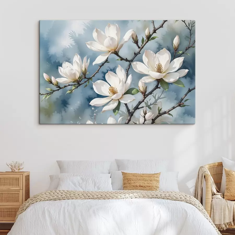  Peintures Fleurs de magnolia blanches s'épanouissant sur des branches d'arbre sur un fond de ciel bleu aquarelle doux s41081