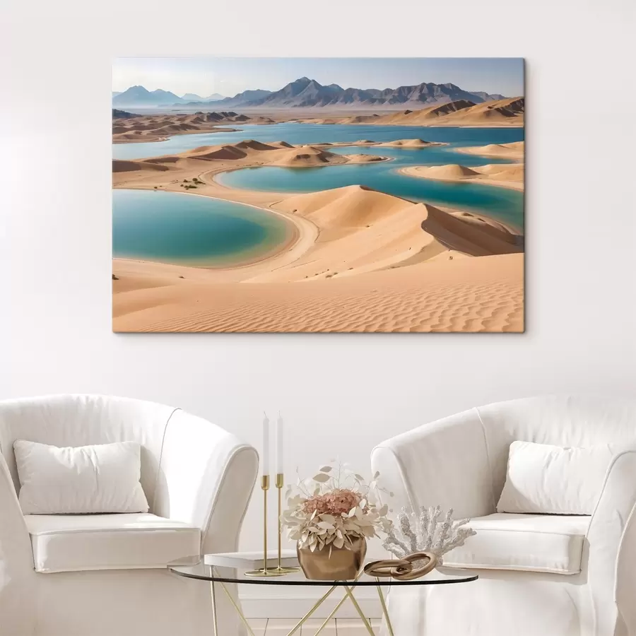  Peintures Un vaste paysage désertique avec des dunes de sable ondulantes et des lacs turquoise, entouré de montagnes escarpées s41087
