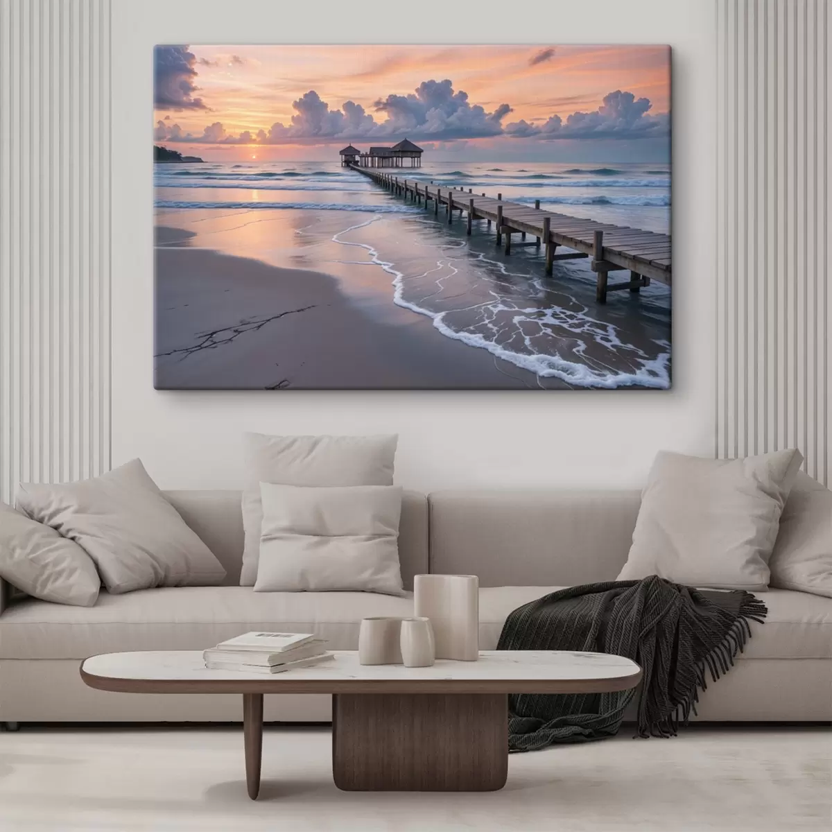  Peintures Une jetée en bois se prolongeant dans un océan calme au coucher du soleil avec des nuages colorés s41091