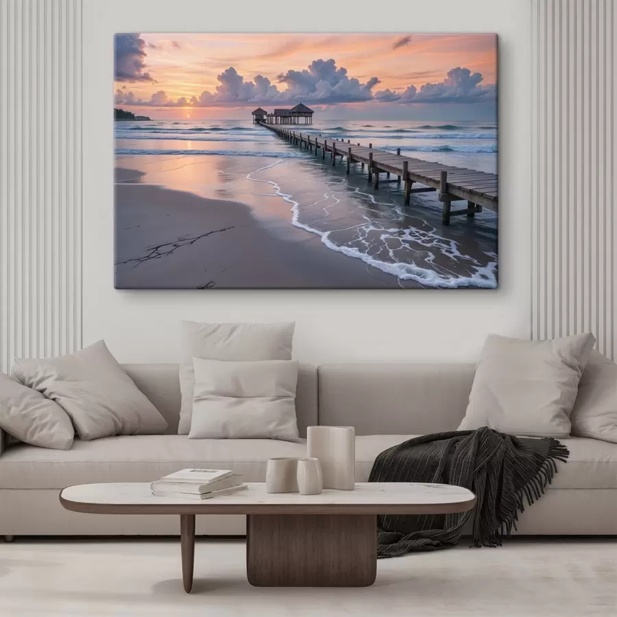  Peintures Une jetée en bois se prolongeant dans un océan calme au coucher du soleil avec des nuages colorés s41091