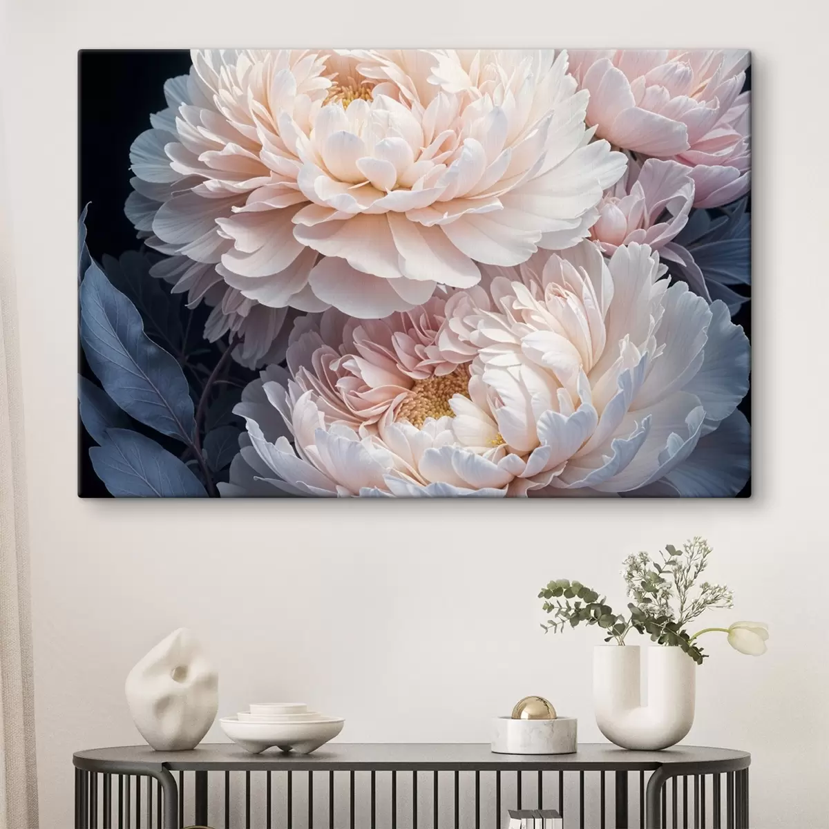  Peintures Délicates pivoines rose pastel aux pétales doux et duveteux et feuilles bleues sur fond sombre s41092