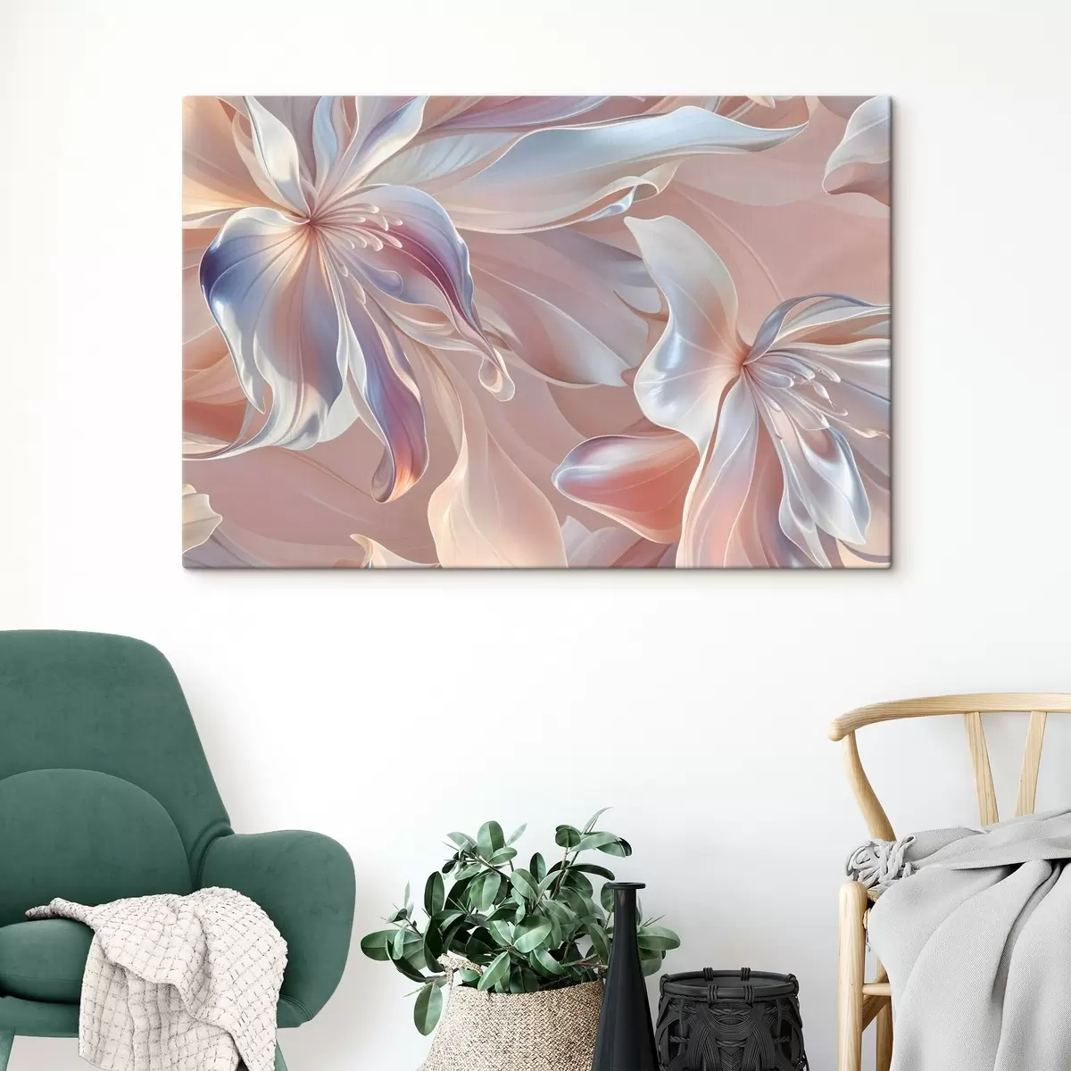  Peintures Pétales de fleurs délicats, de couleur pastel, aux formes et textures fluides, créant une composition florale abstraite s41098