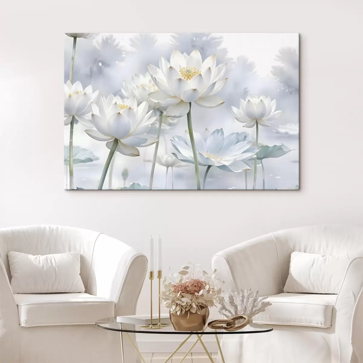  Peintures Fleurs de lotus blanches aux couleurs pastel sur un fond aquarellé abstrait et brumeux s41100