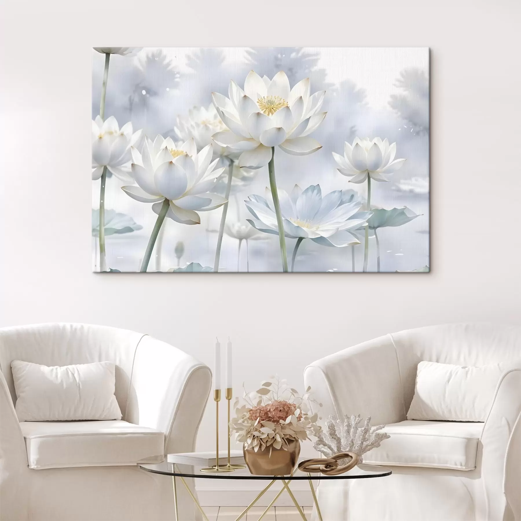  Peintures Fleurs de lotus blanches aux couleurs pastel sur un fond aquarellé abstrait et brumeux s41100