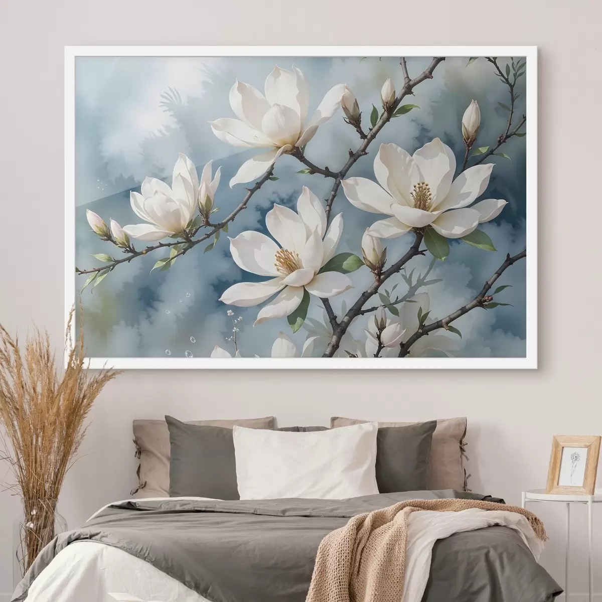 Poster Witte magnolia bloemen bloeiend op boomtakken tegen een zachte aquarel blauwe lucht achtergrond f41081