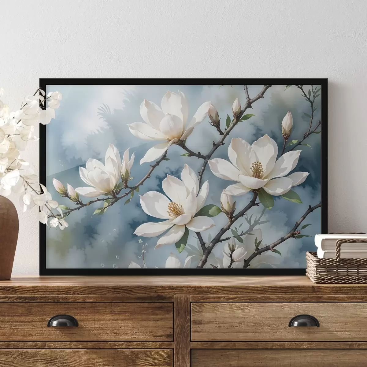 Affiche Fleurs de magnolia blanches s'épanouissant sur des branches d'arbre sur un fond de ciel bleu aquarelle doux f41081