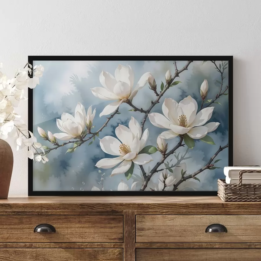 Fotobehang Witte magnolia bloemen bloeiend op boomtakken tegen een zachte aquarel blauwe lucht achtergrond f41081
