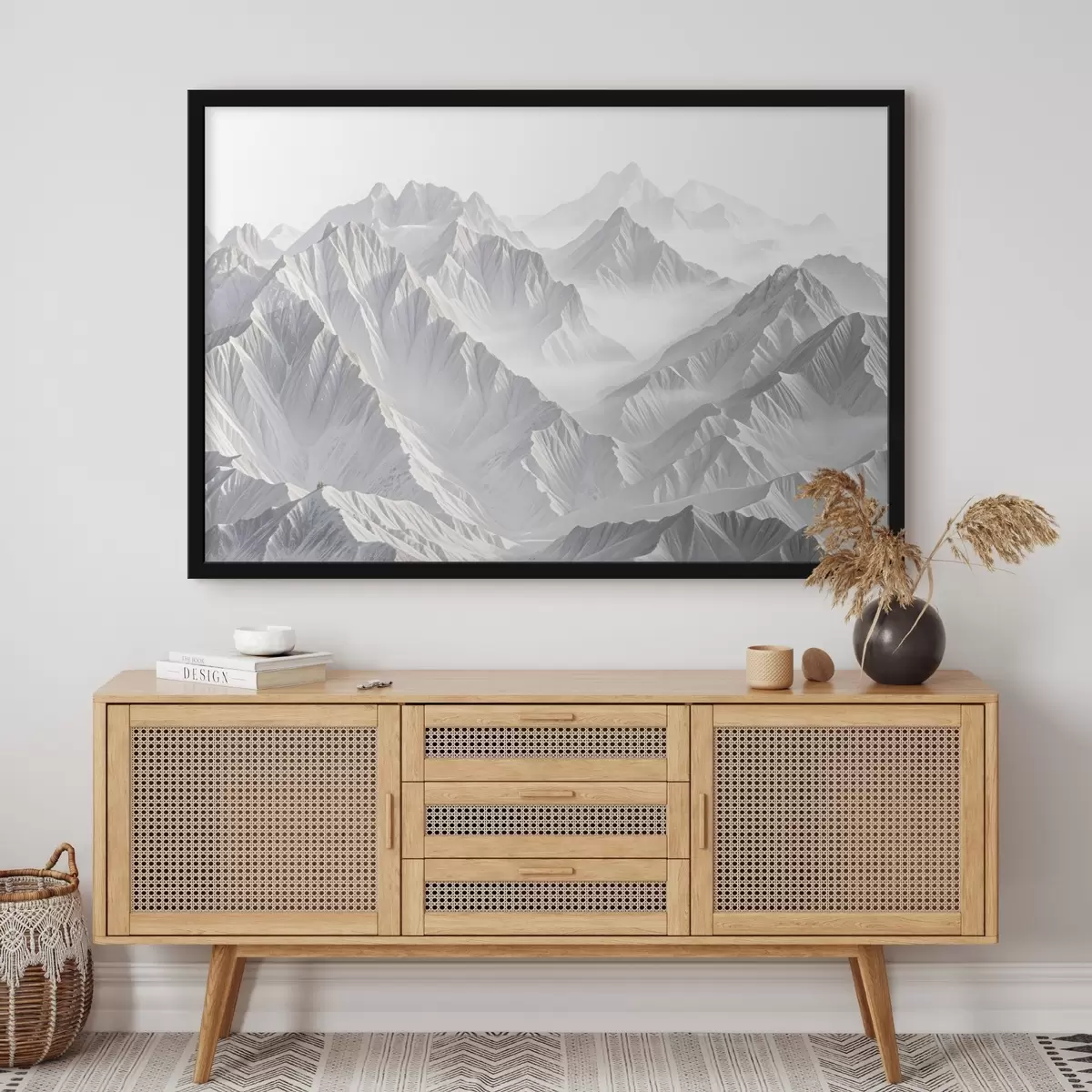 Poster Besneeuwde minimalistische bergtoppen in een mistig landschap f41083