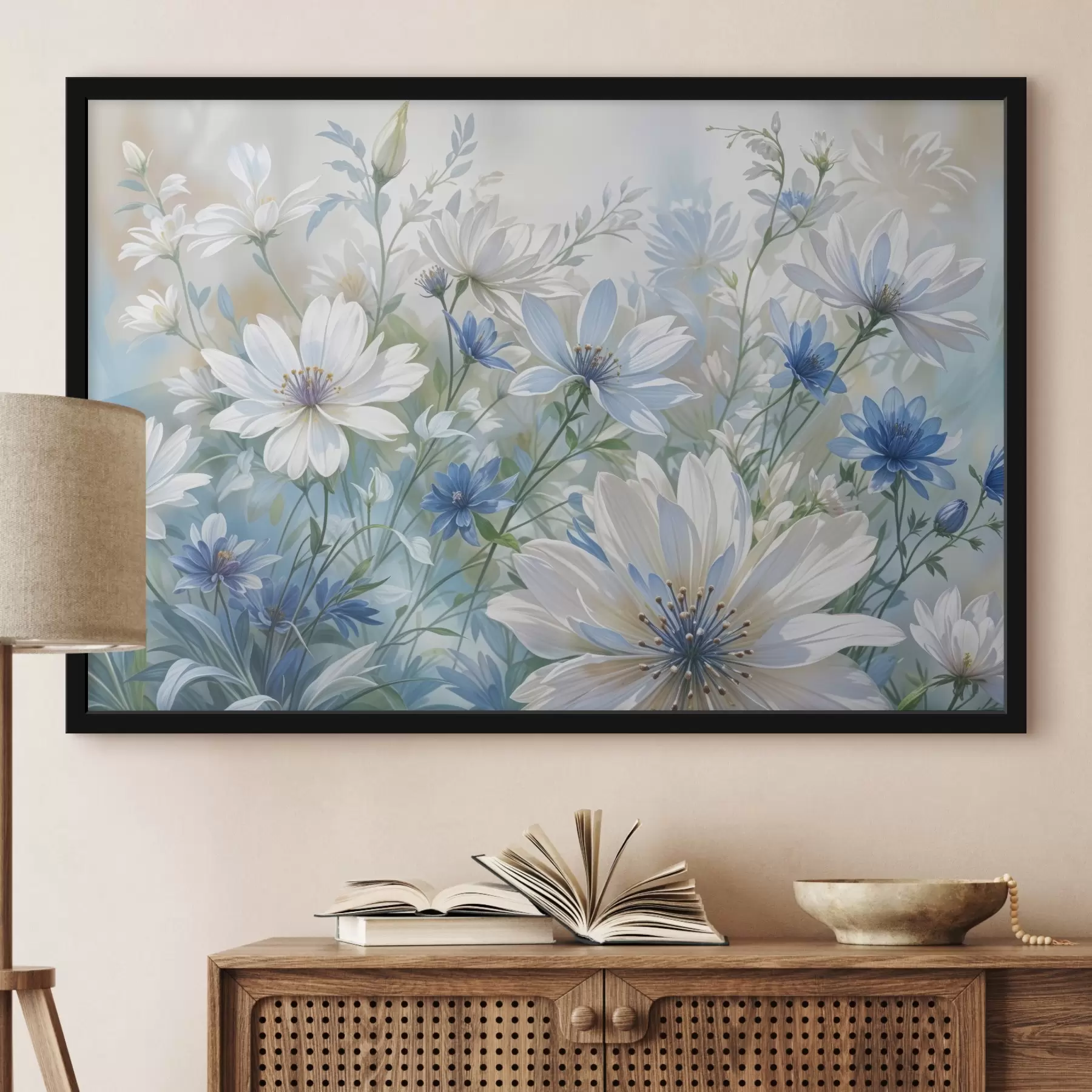 Papier peint photo Un champ de fleurs blanches et bleues ressemblant à des marguerites avec des feuilles et des tiges vertes sur un fond doux et flou f41086