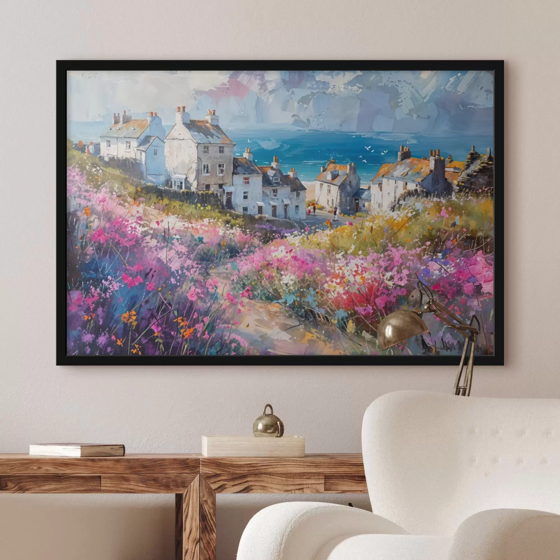 Papier peint photo Une ville côtière colorée peinte à l'huile avec des maisons blanches et un jardin de fleurs vibrantes au premier plan f41090