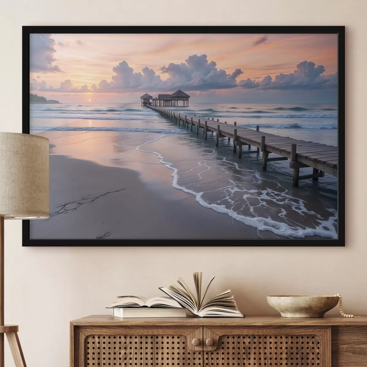 Affiche Une jetée en bois se prolongeant dans un océan calme au coucher du soleil avec des nuages colorés f41091