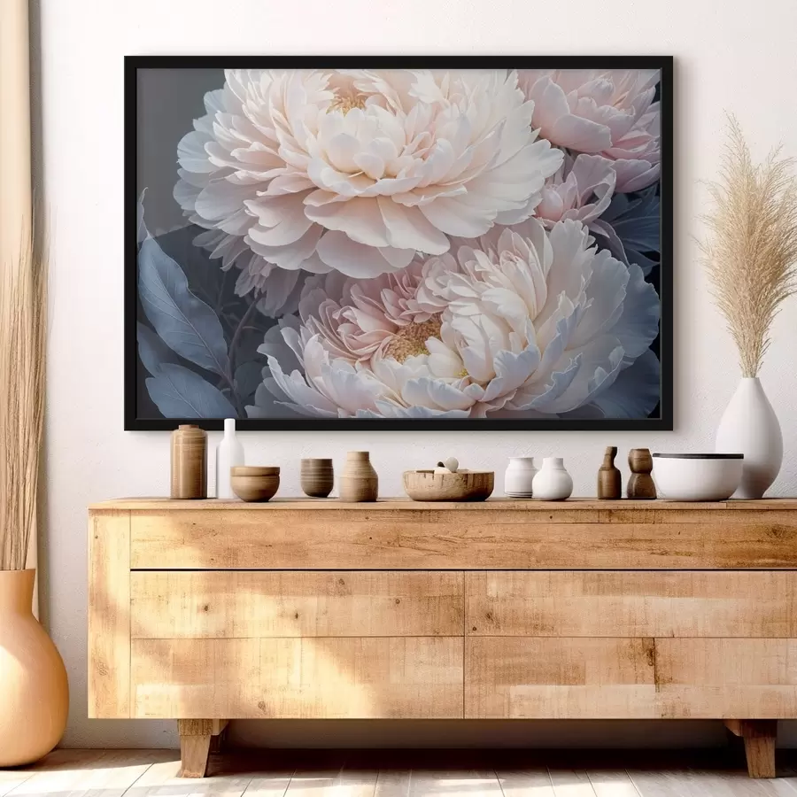 Papier peint photo Délicates pivoines rose pastel aux pétales doux et duveteux et feuilles bleues sur fond sombre f41092