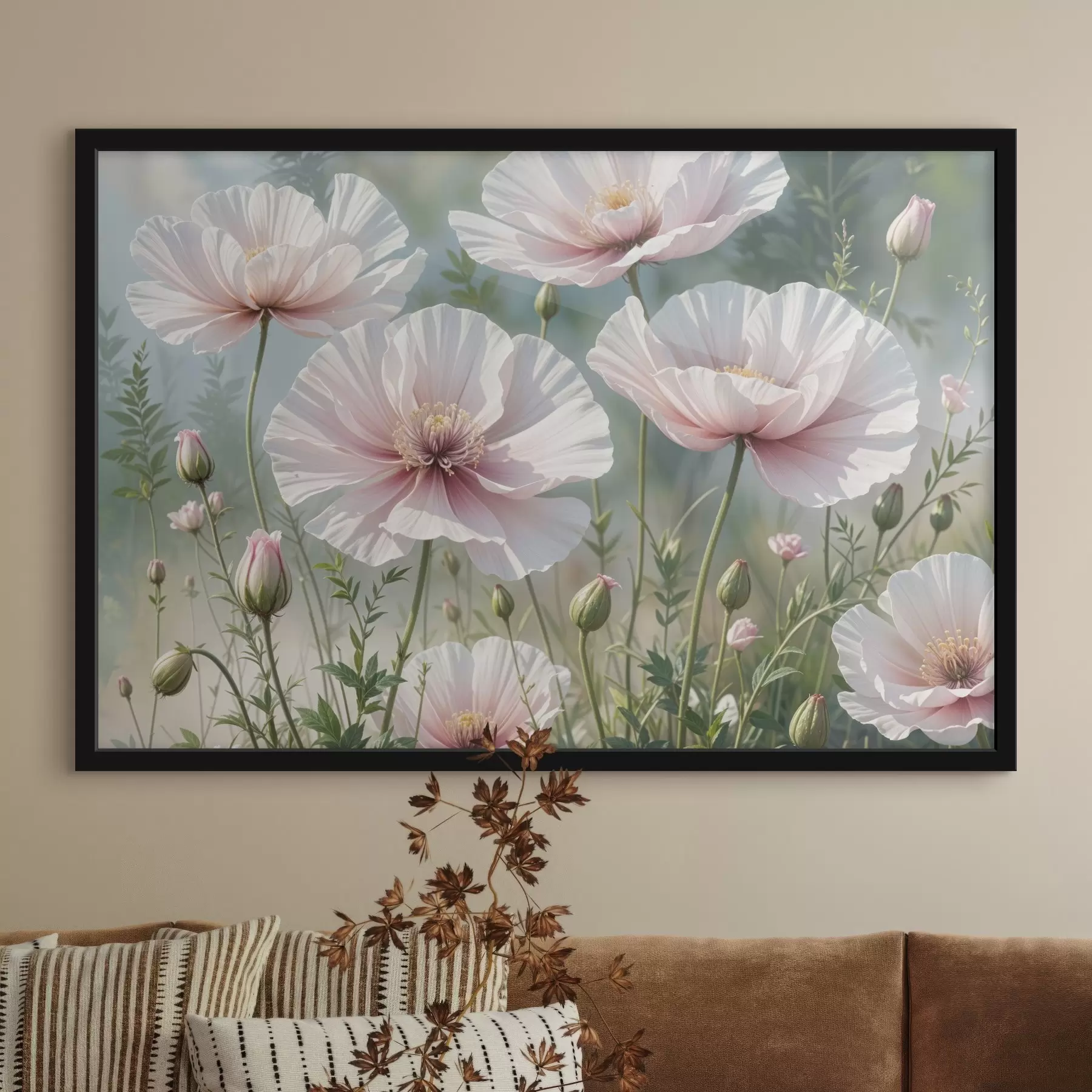 Papier peint photo Un champ de délicates fleurs de pavot rose pâle aux pétales doux et ondulants sur un fond vert flou f41094