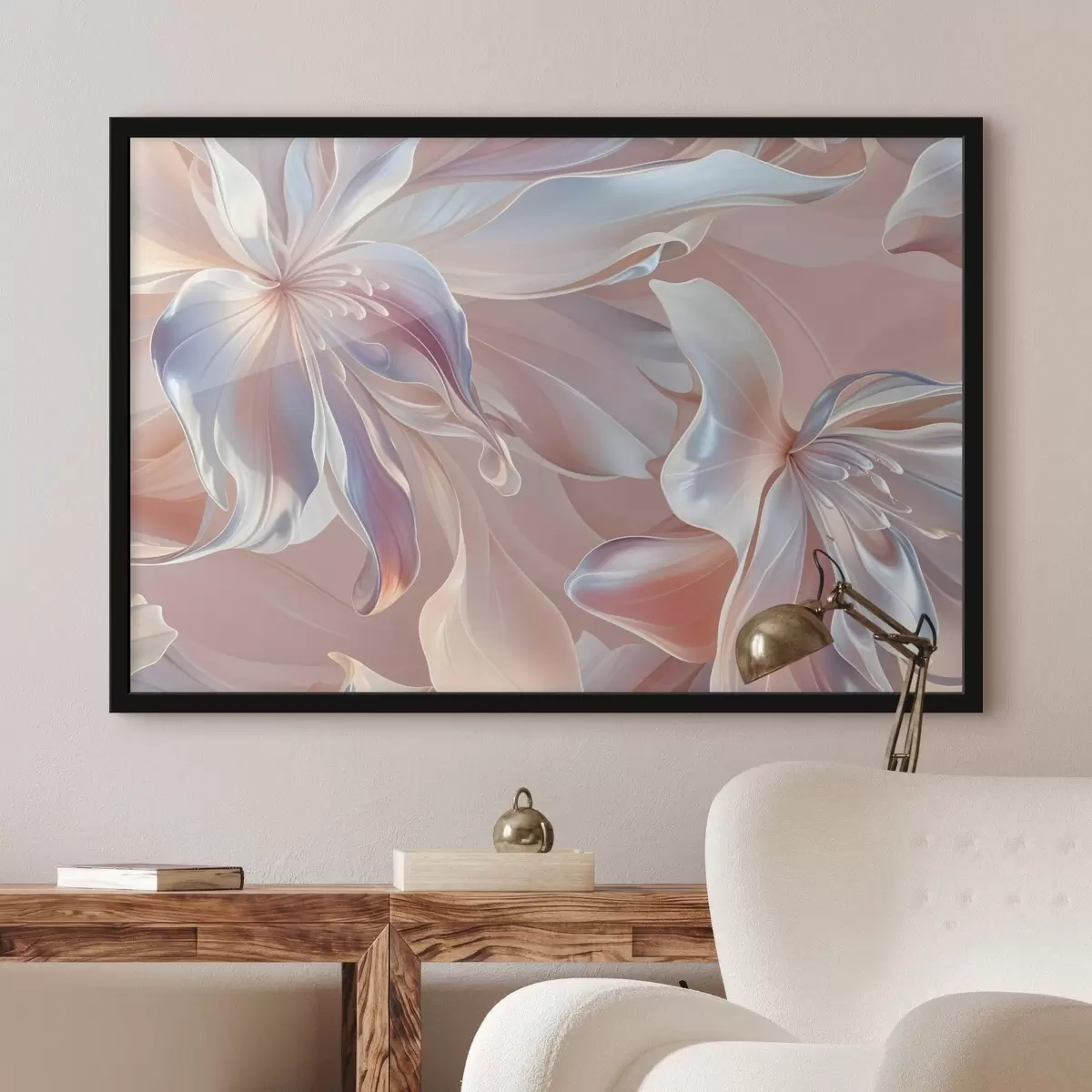 Poster Delicate, pastelkleurige bloemblaadjes met vloeiende vormen en texturen, waardoor een abstracte bloemencompositie ontstaat f41098