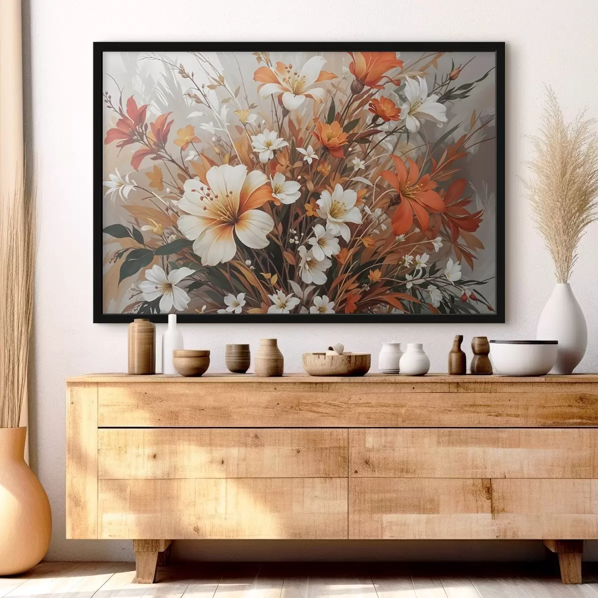 Poster Een levendig boeket van oranje en witte bloemen, inclusief lelies en andere delicate bloemen f41099