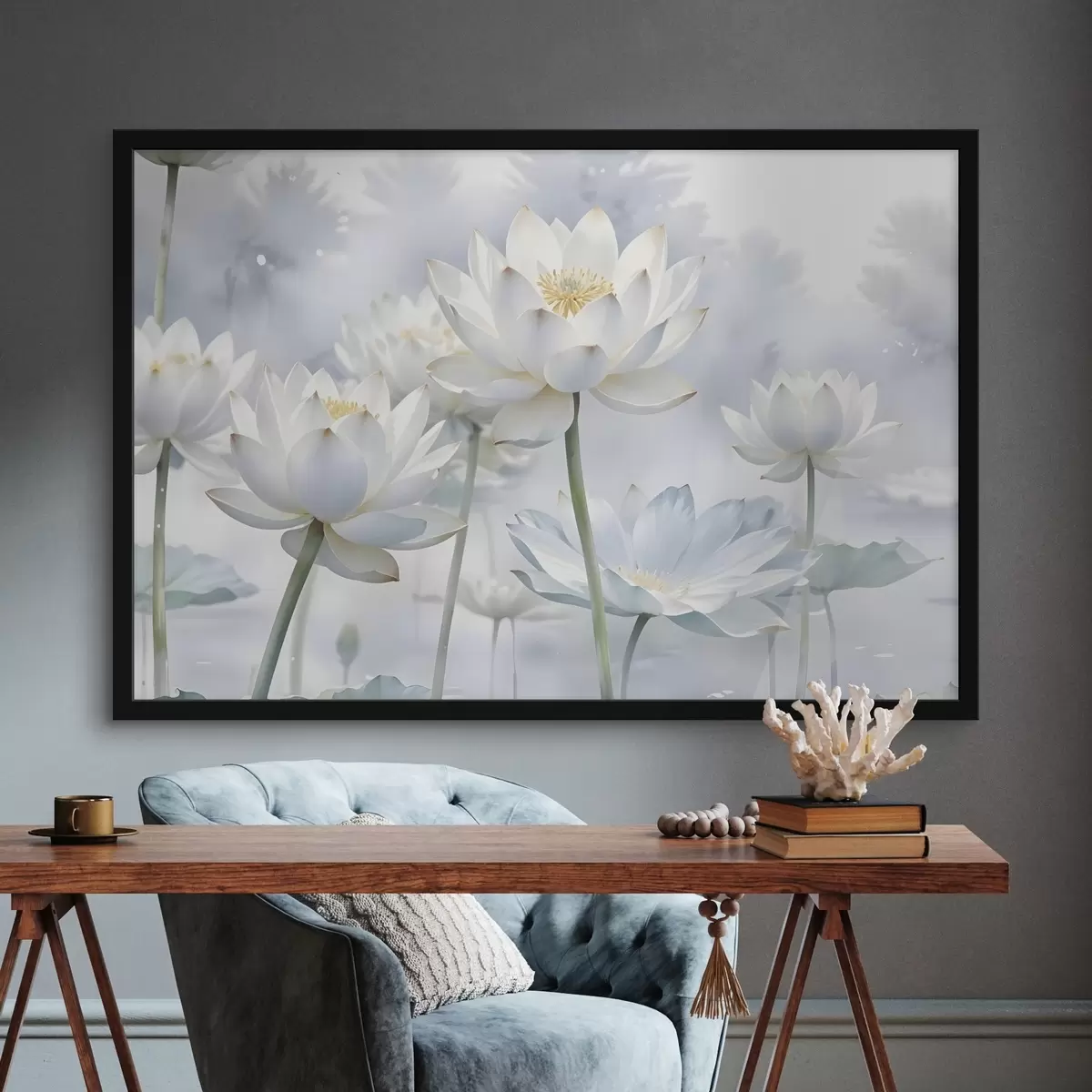 Affiche Fleurs de lotus blanches aux couleurs pastel sur un fond aquarellé abstrait et brumeux f41100
