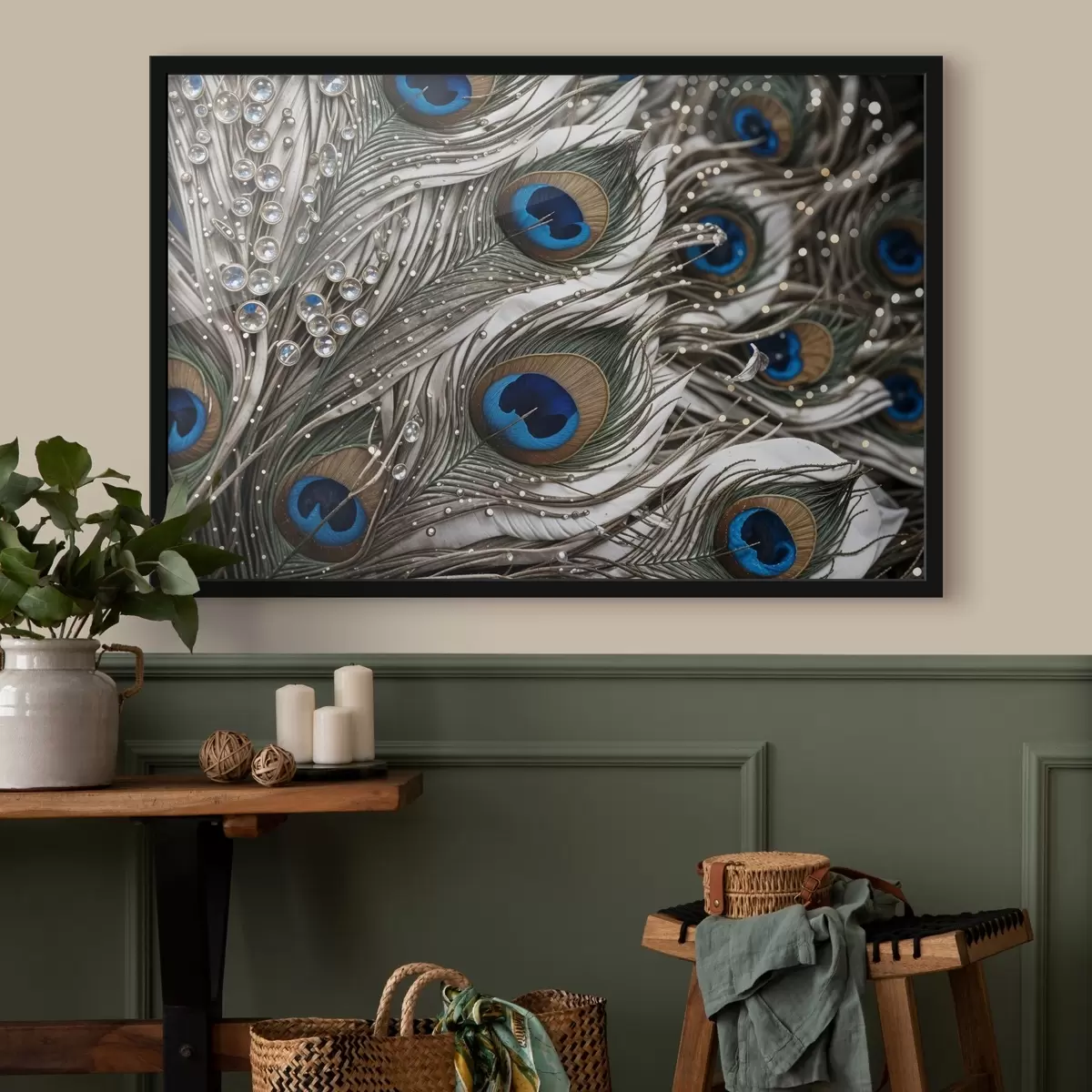 Poster Levendige pauwenveren met ingewikkelde patronen en opvallende blauwe motieven f41103