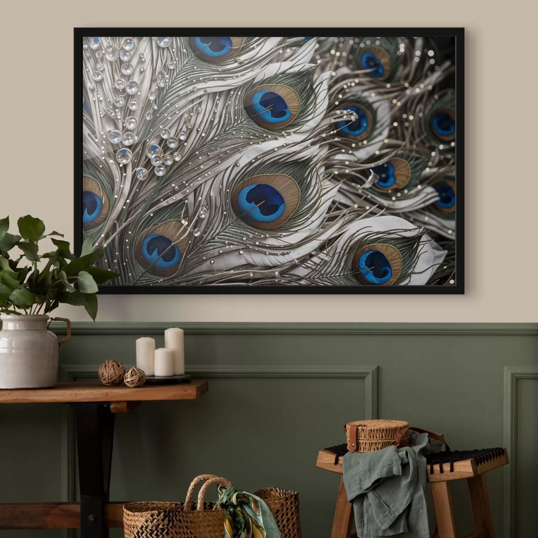 Fotobehang Levendige pauwenveren met ingewikkelde patronen en opvallende blauwe motieven f41103