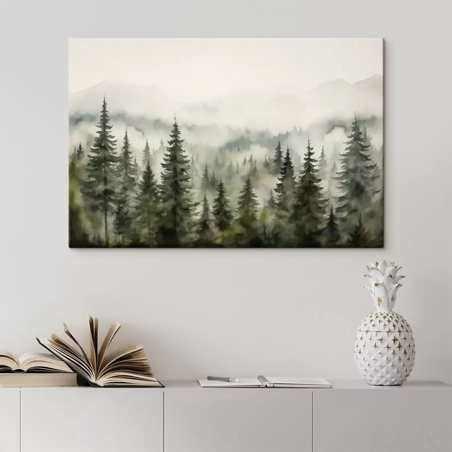 Peintures Forêt verte sur fond de montagnes et de brouillard aquarelle s41241