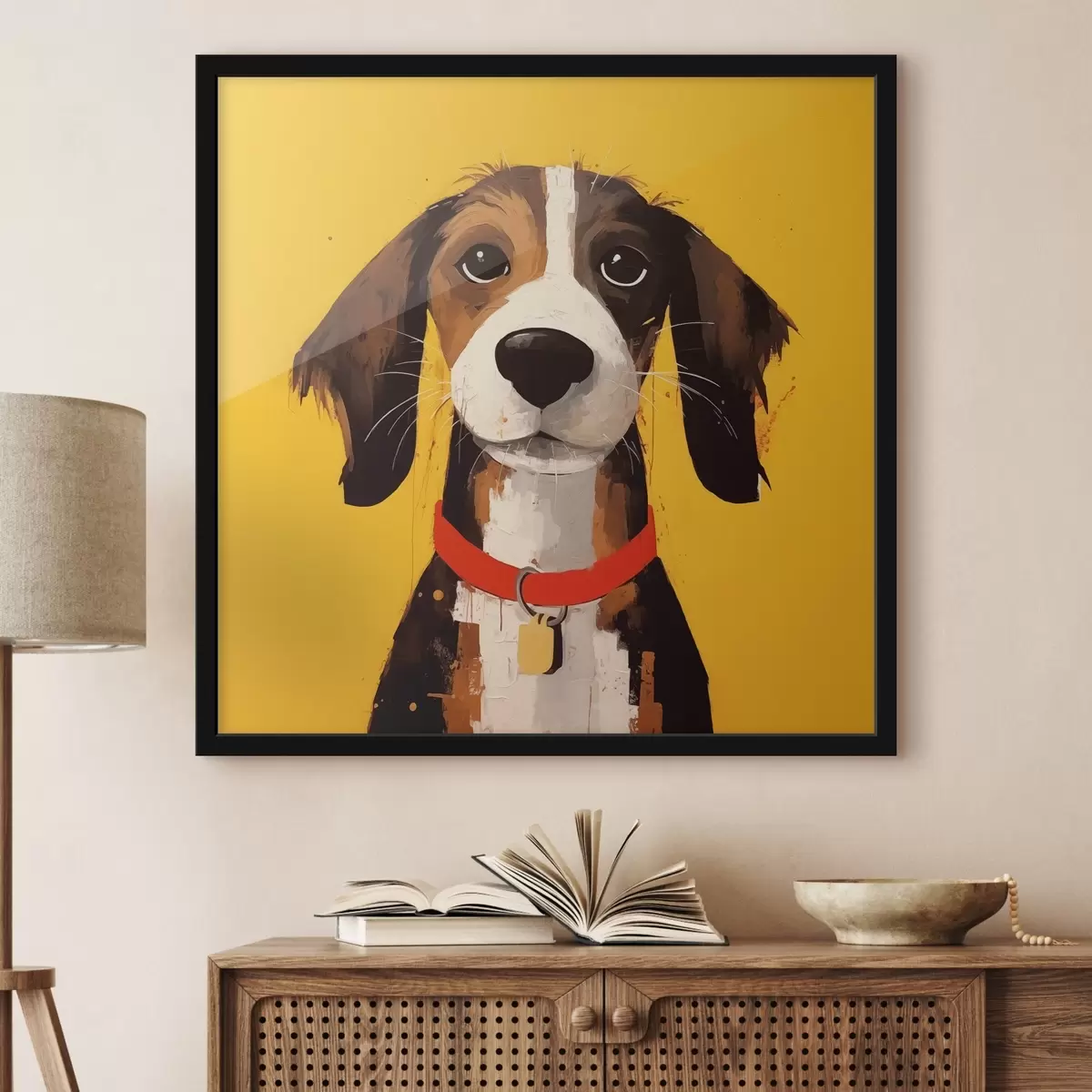 Affiche Portrait d'un chien sur fond jaune f41232