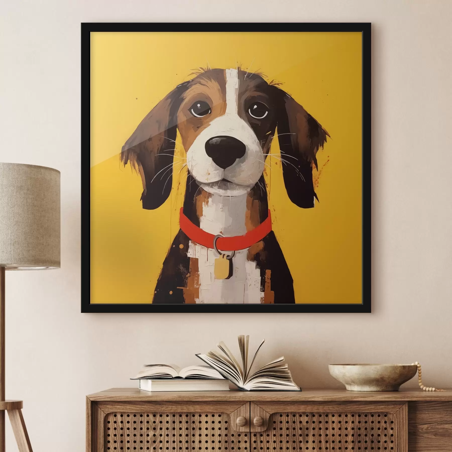 Fotobehang Portret van een hond op een gele achtergrond f41232