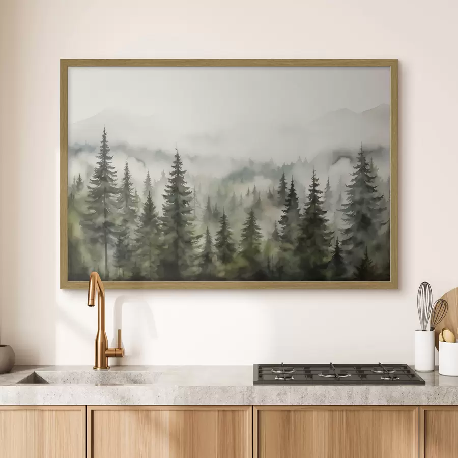 Fotobehang Groen bos op de achtergrond van bergen bergen en mist aquarel f41241