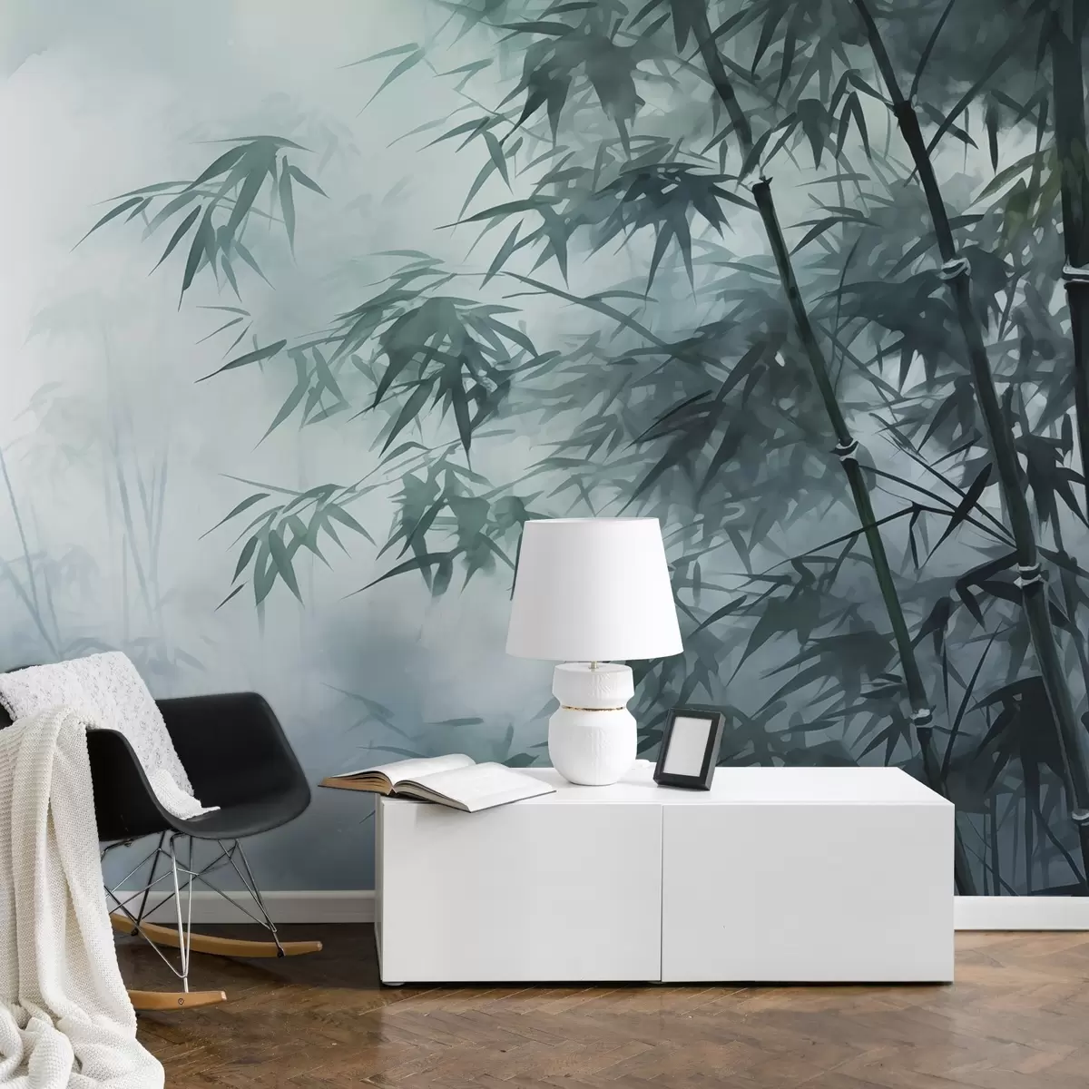 Papier peint photo Tiges de bambou sur fond de brouillard sombre aquarelle humide w01863