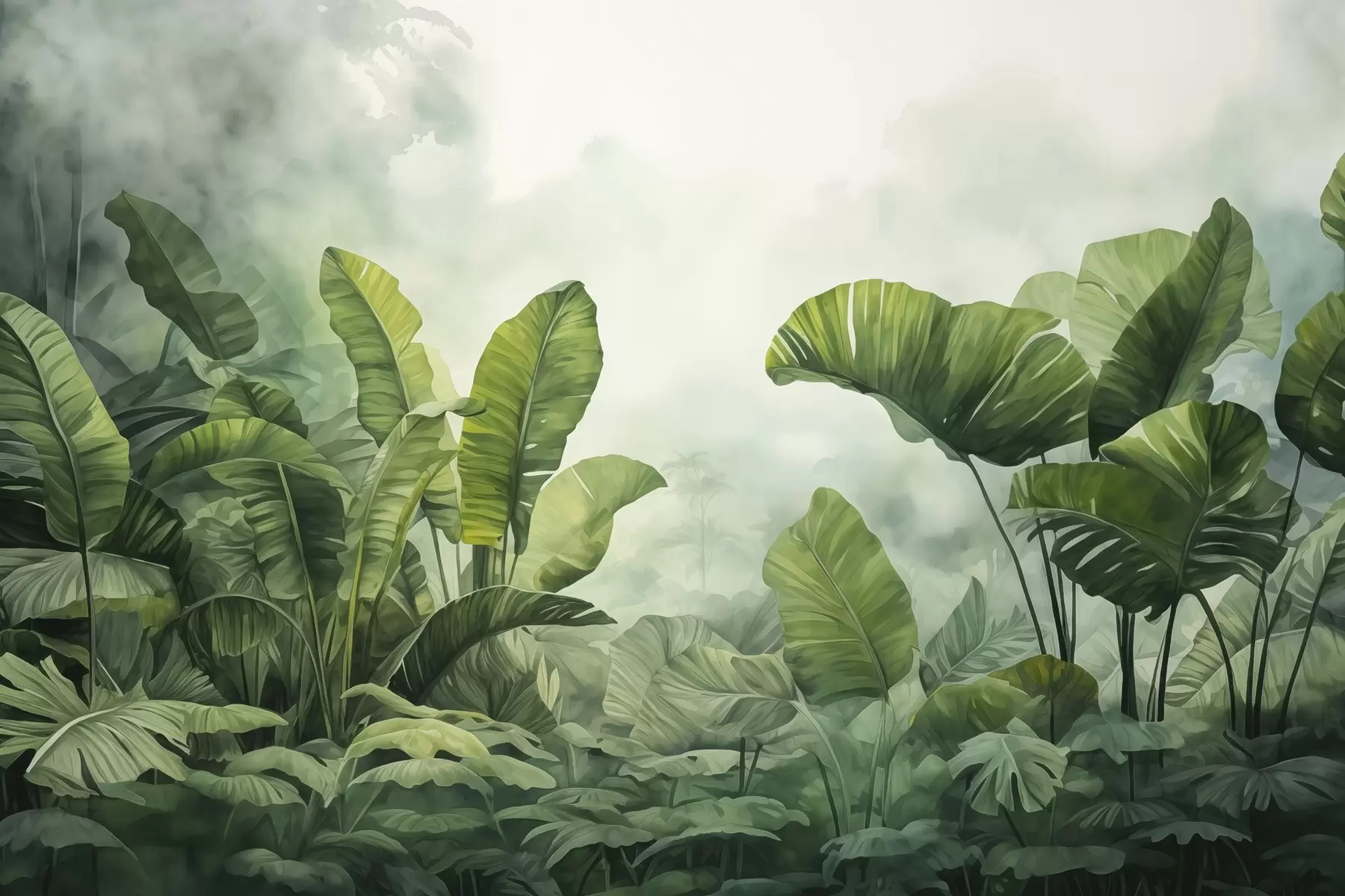 Papier peint photo Feuilles tropicales dans la jungle sur fond de brouillard aquarelle humide w01868