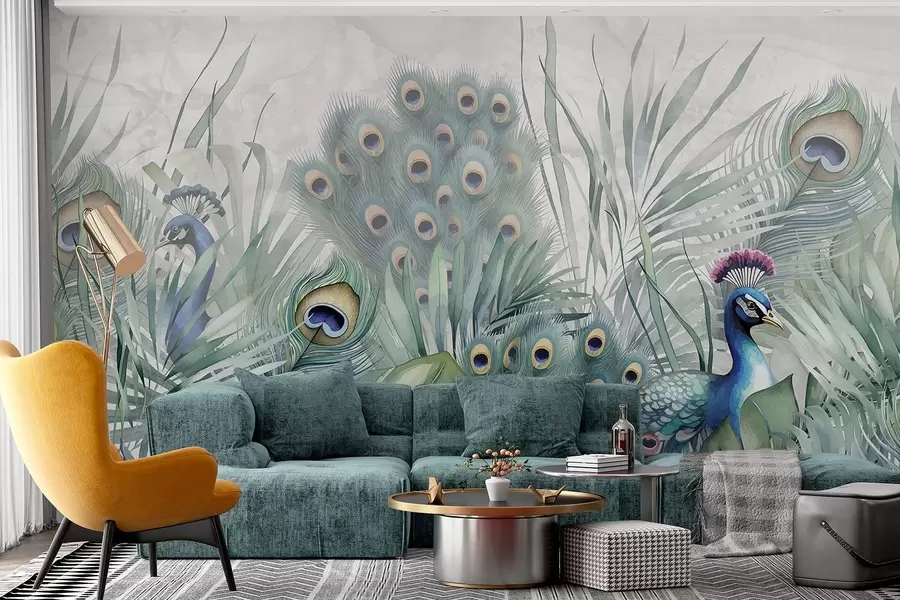Papier peint photo Paire de paons colorés entourés d'un luxuriant feuillage vert aquarelle et de fleurs vibrantes sur fond gris w08345