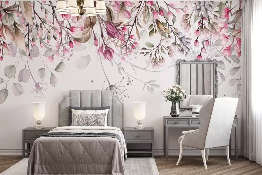 Fotobehang Delicate roze en witte bloesemtakken met bladeren en bloemblaadjes, op pastelgrijze achtergrond w08347