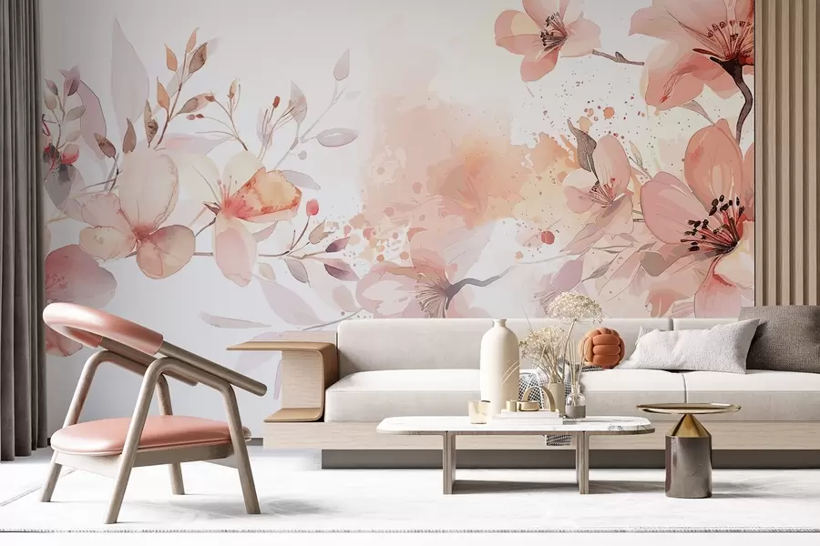 Fotobehang Een boeket van delicate perzik en witte bloemen met zachte, onscherpe bloemblaadjes tegen een lichte, luchtige aquarelachtergrond w08348