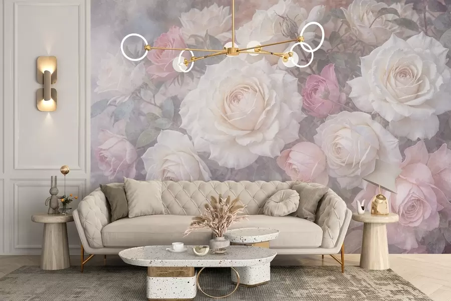 Fotobehang Zachte, pastelkleurige rozen en pioenrozen tegen een vage, mistig grijze textuurachtergrond w08352