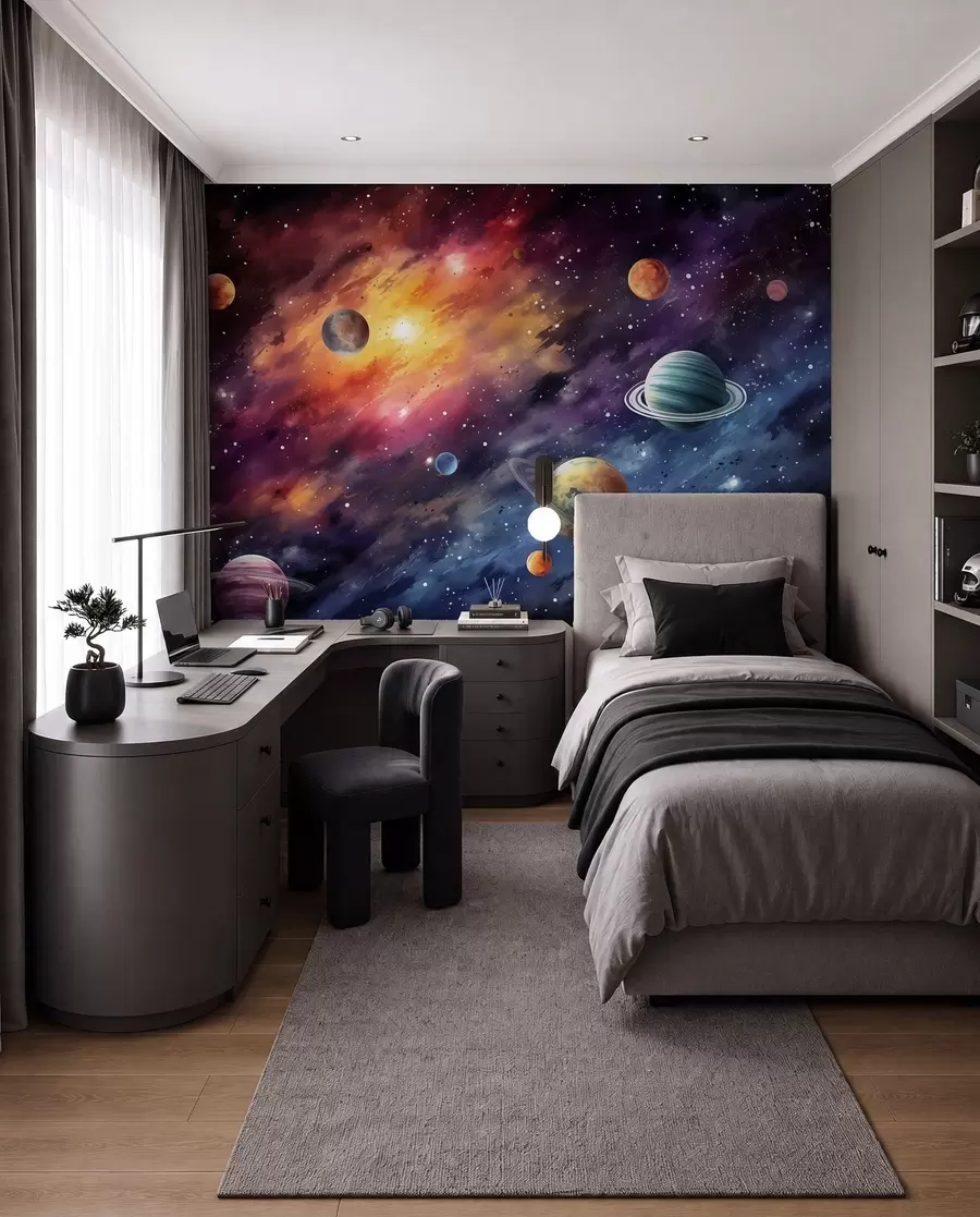 Papier peint photo Espace avec planètes et étoiles, aquarelle, cosmique w01798