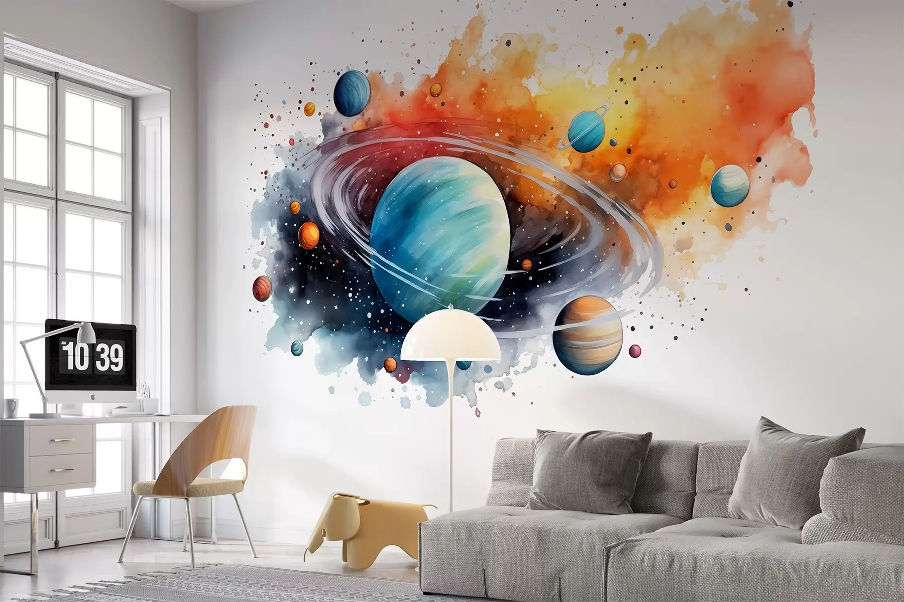 Fotobehang Kosmische aquarel, planeten, sterren w01804