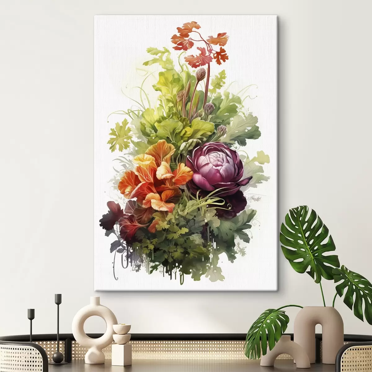  Schilderijen Groenteoogst, aquarel, groen, bloemen s41173